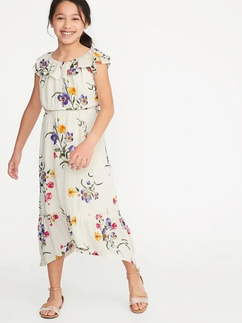 Girls' Cream Floral Ruffle Midi Dress